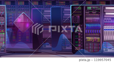 Futuristic data center server room interior Futuristic data center server room interior 119957045