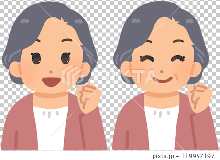 An elderly woman doing a guts pose 119957197