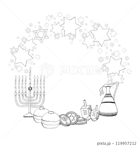 Vector Hanukkah symbols for coloring. Holiday menorah, traditional Jewish holiday food round label template in black white. Sufganiyot, dreidel, coins, donuts and stars of David for bags and greetings Vector Hanukkah symbols for coloring. Holiday menorah, traditional Jewish holiday food round label template in black white. Sufganiyot, dreidel, coins, donuts and stars of David for bags and greetings 119957212