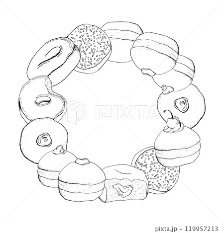 Black and white donuts with various toppings round wreath template for Jewish Hanukkah holiday. Ink vector illustration with copy space for sweet food coloring. Hand drawn sufganiyot doughnuts Black and white donuts with various toppings round wreath template for Jewish Hanukkah holiday. Ink vector illustration with copy space for sweet food coloring. Hand drawn sufganiyot doughnuts 119957213