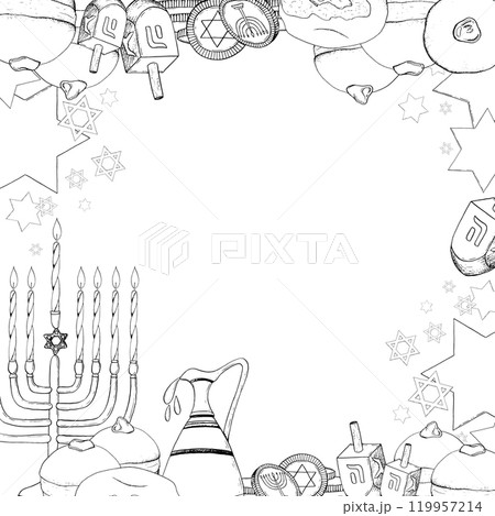 Jewish Hanukkah holiday symbols square frame. Black and white vector template with menorah, dreidels, donuts, jug of olive oil, coins and candles. Israel winter celebration banner template 119957214