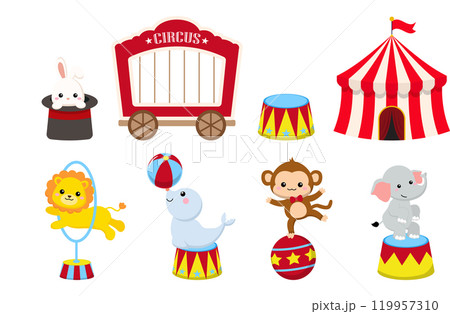 Cute trained circus animals set clip art 119957310