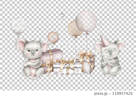 Watercolor koalas and balloons and set gifts with bow on isolated background. Hand drawn illustration for greeting cards stack of gift boxes for birthday pastel colors. Australian animal isolated 119957428