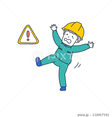 バランスを崩して危うく転びそうになっている作業服姿のシニア男性 119957591