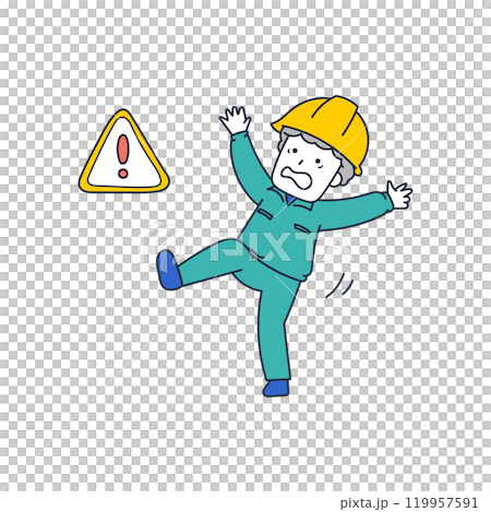 バランスを崩して危うく転びそうになっている作業服姿のシニア男性 119957591