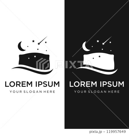 Bed and sleep logo template creative design, with pillow,zzz, clock, moon and stars. 119957649