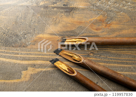 Set of calligraphy reeds covered ink on wooden background Set of calligraphy reeds covered ink on wooden background 119957830