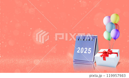 Calendar or Note pad with number 2025 and gift box with abstract bokeh lights background Calendar or Note pad with number 2025 and gift box with abstract bokeh lights background 119957983