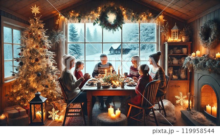 クリスマスの朝、雪が降り積もり、家族が集まってクリスマスの朝食を楽しんでいる風景 119958544
