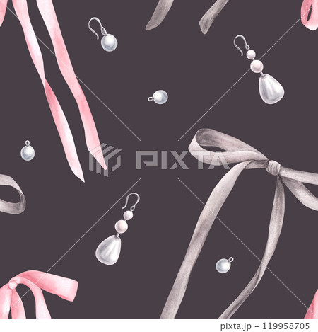Watercolor bows, ribbons and pearl earrings seamless pattern. Girly romantic, coquette style fabric. Girl cute pink grey accessories. Wallpaper package hand drawn illustration Isolated dark background Watercolor bows, ribbons and pearl earrings seamless pattern. Girly romantic, coquette style fabric. Girl cute pink grey accessories. Wallpaper package hand drawn illustration Isolated dark background 119958705