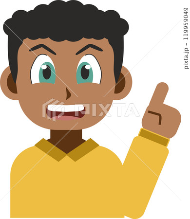 Manga style illustration of a smiling black young man pointing up with her index finger isolated on white background Manga style illustration of a smiling black young man pointing up with her index finger isolated on white background 119959049