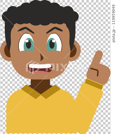 Manga style illustration of a smiling black young man pointing up with her index finger isolated on white background Manga style illustration of a smiling black young man pointing up with her index finger isolated on white background 119959049