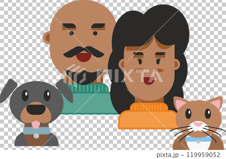 flat design illustration of a african american couple of adult people husband and wife with a dog and a cat front view 119959052