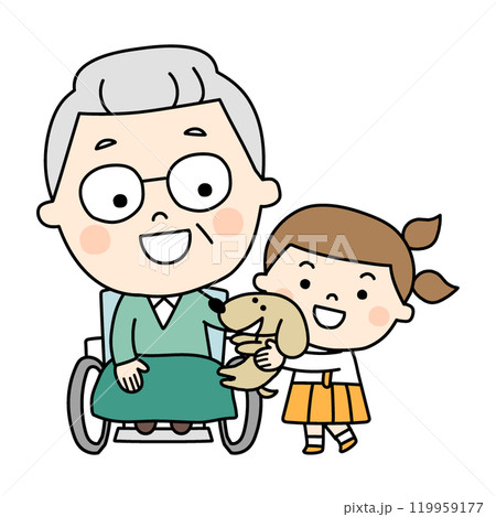 車椅子のおじいちゃんと犬をだっこする孫 119959177