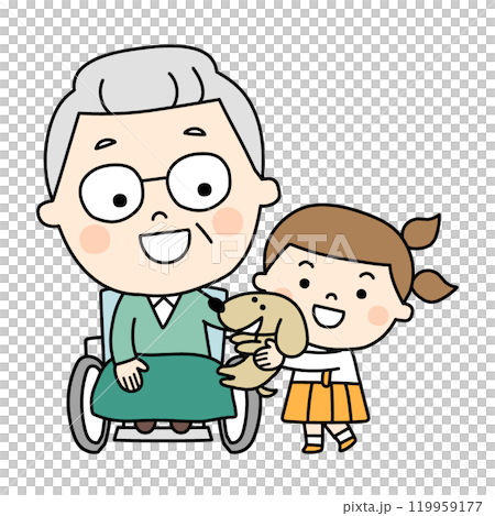 車椅子のおじいちゃんと犬をだっこする孫 119959177