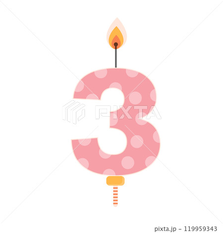 Pink birthday cake candle with flame light. Three year old. Kindergarten birthday party celebration item. Flat vector illustration. Pink birthday cake candle with flame light. Three year old. Kindergarten birthday party celebration item. Flat vector illustration. 119959343