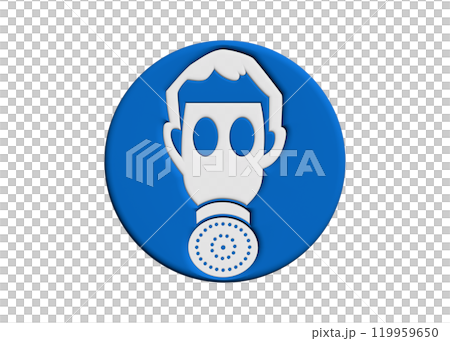 Wear a mask. Blue 3D illustration pictogram of a safety sign for wearing a gas mask 119959650