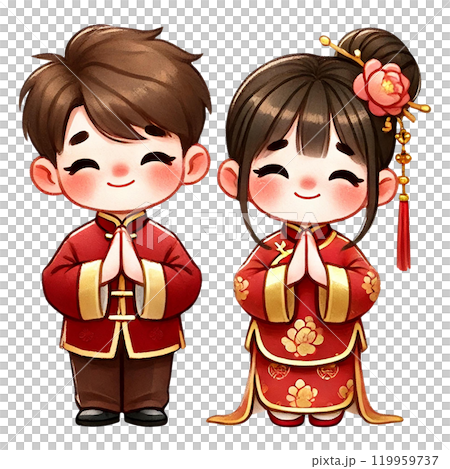 Two cheerful children in traditional outfits, posing with hands together. Chinese New Year 119959737