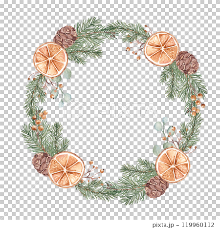 Christmas Wreath with Winter plants and dry orange slices. Circle Frame. Hand drawn Botanical Illustration of Fir Branches, Eucalyptus, Pine Cones and Berries isolated on white background. For 119960112