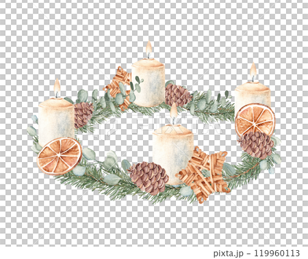Christmas Advent Wreath with Winter plants, burning Candles and wooden Wicker star Toy. Fourth Advent. Hand drawn Illustration in rustic style isolated on white background. For Cards, Invitations and Christmas Advent Wreath with Winter plants, burning Candles and wooden Wicker star Toy. Fourth Advent. Hand drawn Illustration in rustic style isolated on white background. For Cards, Invitations and 119960113