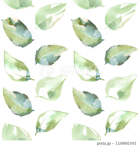 Seamless pattern from green leaves of white roses in collection garden flowers. Watercolor illustration in tape, ribbon, stripe for floral design of fabrics, towel, textile, weaving, wallpaper 119960391
