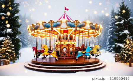 A festive outdoor carousel spinning in a winter fairy tale wonderland. The stage is illuminated with fairy lights, snowflakes 119960413