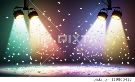 lighted stage, spotlights, confetti, holiday cheer, Christmas. 119960416