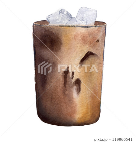 A glass of caramel iced coffee. Watercolor illustration isolated on white background for design, cards, postcards, menus, posters, business, decor 119960541