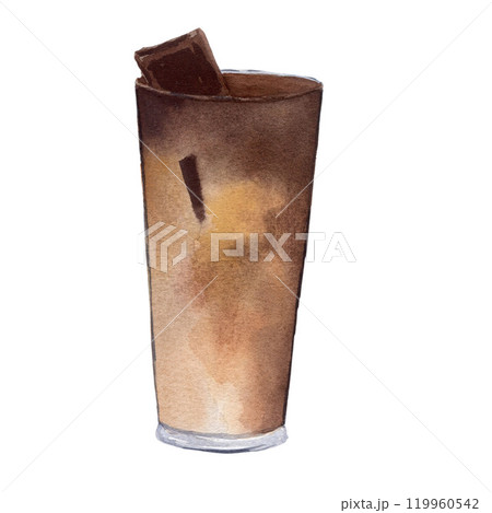 A glass of coffee with chocolate pieces. Watercolor illustration isolated on white background for design, cards, postcards, menus, posters, business A glass of coffee with chocolate pieces. Watercolor illustration isolated on white background for design, cards, postcards, menus, posters, business 119960542
