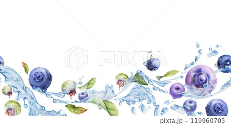 Blueberry blackberry flying in water splashes with drops, hand drawn in watercolor, ripe purple forest berry and leaves. Seamless banner illustration for restaurant, cafe menu, wedding, farmers market Blueberry blackberry flying in water splashes with drops, hand drawn in watercolor, ripe purple forest berry and leaves. Seamless banner illustration for restaurant, cafe menu, wedding, farmers market 119960703