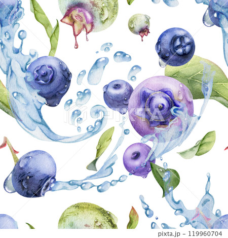 Blueberry blackberry flying in water splashes with drops, ripe purple forest berry and leaves hand drawn in watercolor. Seamless pattern illustration. Restaurant, cafe menu, farmers market, wedding Blueberry blackberry flying in water splashes with drops, ripe purple forest berry and leaves hand drawn in watercolor. Seamless pattern illustration. Restaurant, cafe menu, farmers market, wedding 119960704