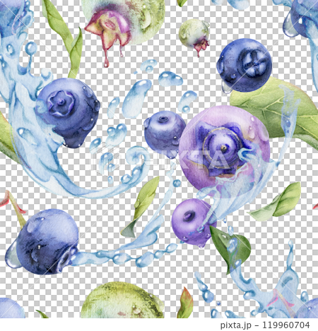 Blueberry blackberry flying in water splashes with drops, ripe purple forest berry and leaves hand drawn in watercolor. Seamless pattern illustration. Restaurant, cafe menu, farmers market, wedding Blueberry blackberry flying in water splashes with drops, ripe purple forest berry and leaves hand drawn in watercolor. Seamless pattern illustration. Restaurant, cafe menu, farmers market, wedding 119960704