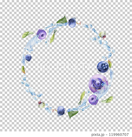 Blueberry blackberry flying in water splash with drops and green leaves, hand drawn in watercolor, ripe summer forest berry. Isolated wreath frame illustration. Restaurant, cafe menu, farmers market 119960707