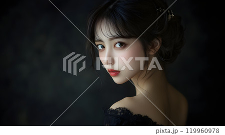 ダークでミステリアスな雰囲気の20代の日本人女性ポートレート。 強い視線が印象的 119960978