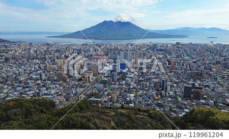 武岡公園の上空から鹿児島中心部と桜島の空撮 119961204