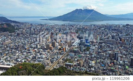 武岡公園の上空から鹿児島中心部と桜島の空撮 119961206