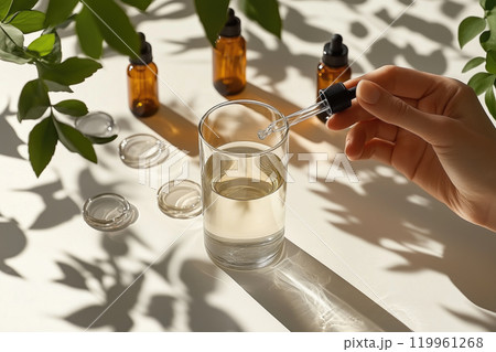 Hand holding dropper above glass container with serum surrounded by glass bottles and leafy shadows on sunlit surface creating calming and natural aesthetic 119961268