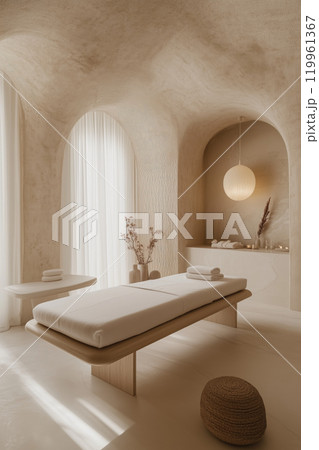 Elegant spa room featuring smooth arched ceilings, soft ambient lighting, and minimalist decor enhancing tranquility. Comfortable massage table placed centrally Elegant spa room featuring smooth arched ceilings, soft ambient lighting, and minimalist decor enhancing tranquility. Comfortable massage table placed centrally 119961367