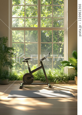 Sunlight streaming through large window illuminates a stationary exercise bike in a serene indoor space. Green plants enhance tranquil atmosphere Sunlight streaming through large window illuminates a stationary exercise bike in a serene indoor space. Green plants enhance tranquil atmosphere 119961368