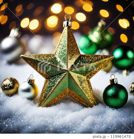 A golden star resting on a snow-covered surface, surrounded by Christmas lights.  119961478