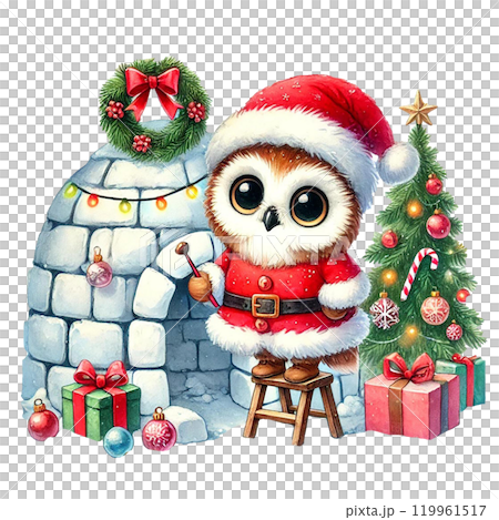 Cute owl in Santa outfit by igloo and Christmas decorations. Cute owl in Santa outfit by igloo and Christmas decorations. 119961517