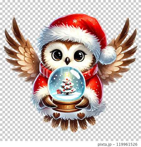 Cute owl with Santa hat holding a snow globe Cute owl with Santa hat holding a snow globe 119961526