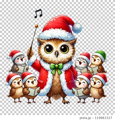 Owl directing Christmas carolers in festive attire. 119961527
