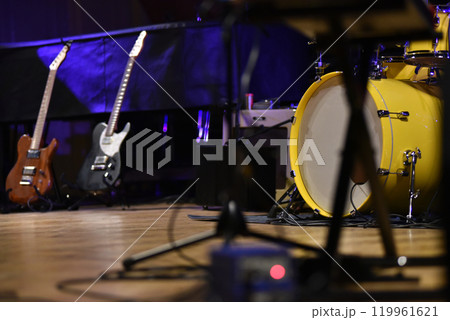 Guitars, drum kit, musical instruments on stage 119961621