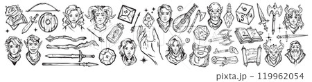 Fantasy game doodle set, vector dungeon dragon RPG character avatar face, warrior weapon, hero dice. Fantasy game doodle set, vector dungeon dragon RPG character avatar face, warrior weapon, hero dice. 119962054