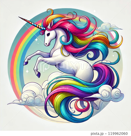虹と雲に囲まれたカラフルなユニコーンのイラストのイラスト素材