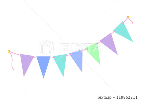Multicolored Festive Pennants garland on string in trendy soft shades. Birthday Party design element 119962211