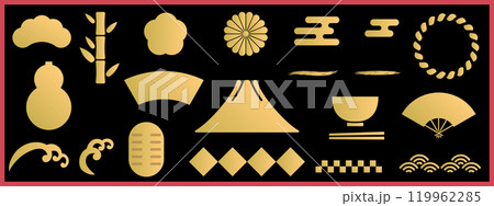 高級感のあるゴールドの和風、和柄フレーム、アイコンセット テキスト無し ベクターイラスト 金色 金 高級感のあるゴールドの和風、和柄フレーム、アイコンセット テキスト無し ベクターイラスト 金色 金 119962285