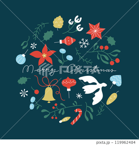 Christmas round elements pattern for banner, card. Cute flat Merry Christmas design with winter plants, dove, gift, flower, bell. 119962484