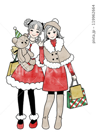 クリスマスコーデの女の子二人の全身イラスト 119962664
